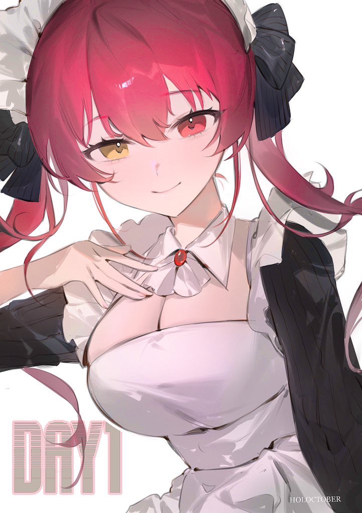 1girl apron breasts cleavage detached_collar english_text eyelashes frilled_apron frills hair_between_eyes hand_on_own_chest heterochromia hololive houshou_marine long_hair maid maid_apron maid_headdress medium_breasts ranqi070 red_eyes red_hair smile solo twintails upper_body virtual_youtuber white_background yellow_eyes