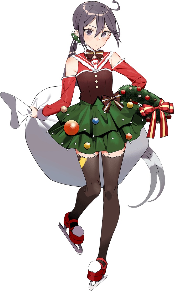 1girl akebono_(kancolle) black_thighhighs bow bowtie christmas christmas_ornaments christmas_wreath closed_mouth dress drew_(drew213g) full_body green_skirt kantai_collection long_hair looking_at_viewer official_art open_mouth red_dress sack side_ponytail skate skirt solo thighhighs third-party_source transparent_background very_long_hair wreath
