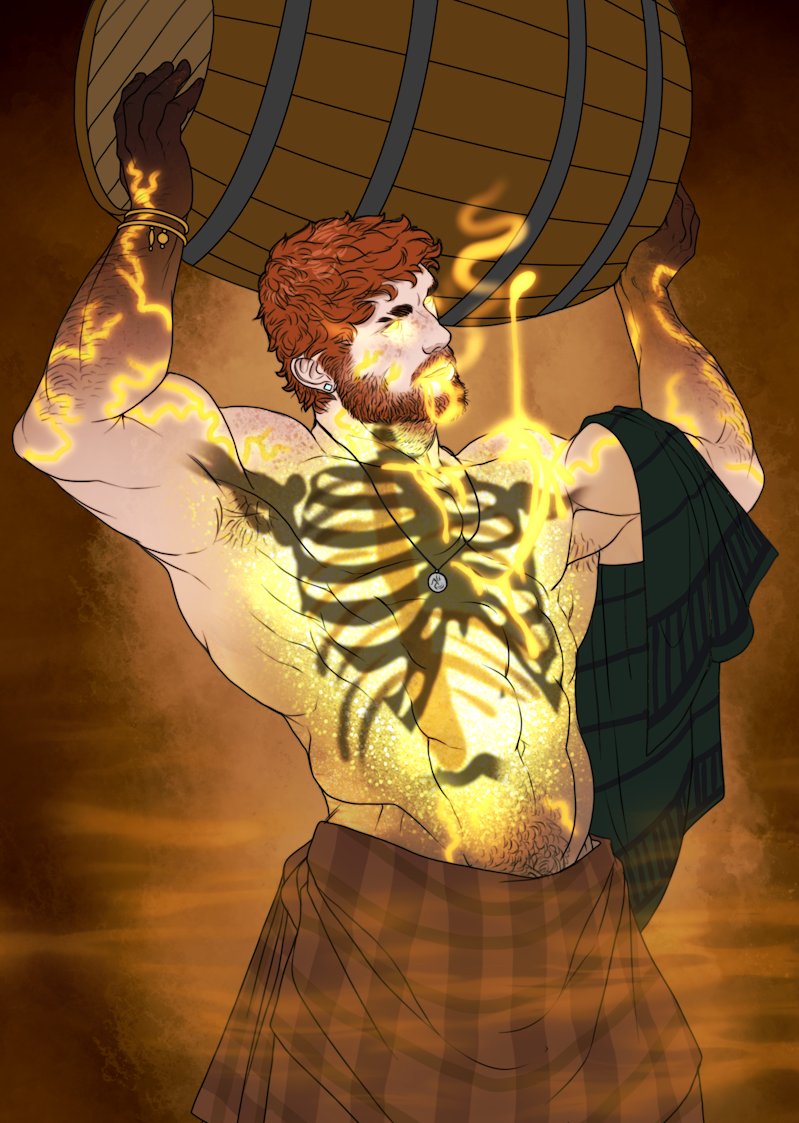 1boy arm_over_head armpit_hair armpits arms_up bara barrel beard biceps blank_eyes body_freckles carrying_overhead ear_piercing eyebrow_cut facial_hair feet_out_of_frame fire freckles from_side glowing_veins groin large_pectorals looking_ahead male_focus mature_male movd_art muscular muscular_male mustache navel original pectorals piercing pyrokinesis ribs short_hair solo standing stomach thick_eyebrows topless_male v-taper