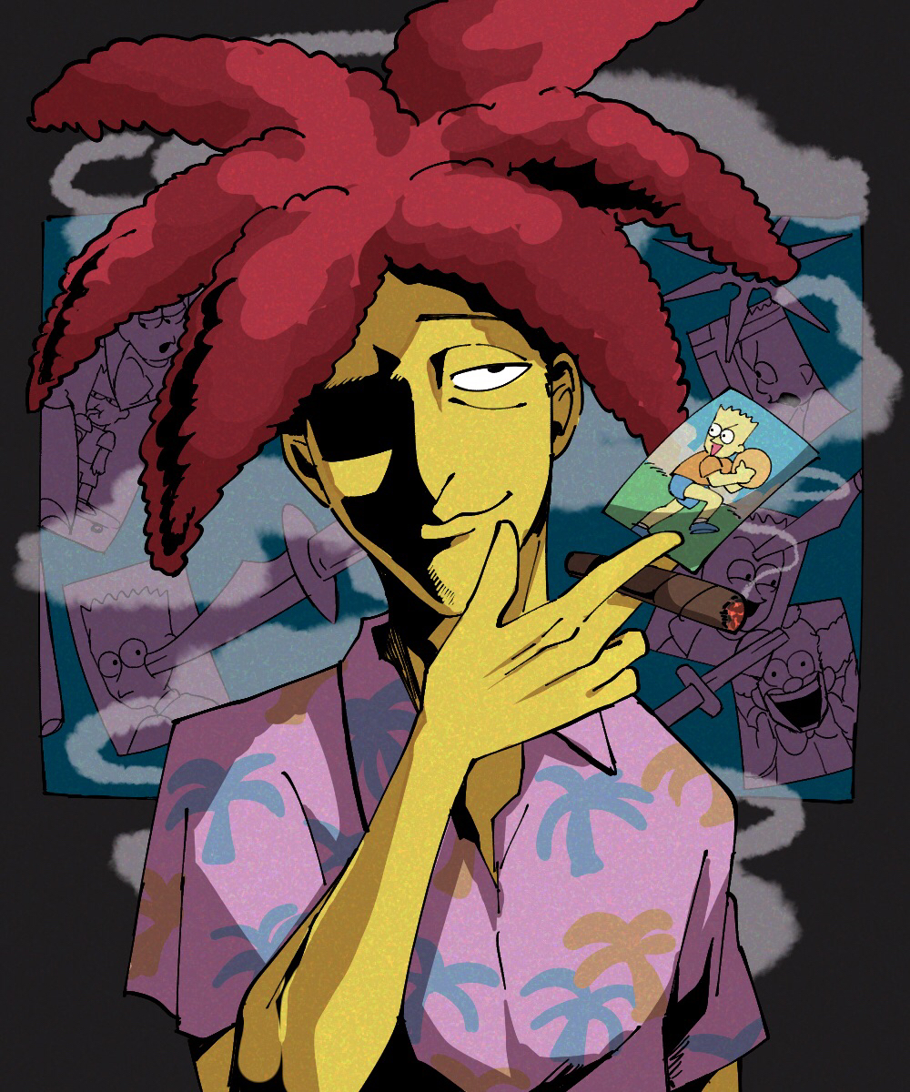 1boy bart_simpson black_eyes cigar closed_mouth colored_skin commentary_request grey_background hawaiian_shirt highres holding holding_cigar knife krusty_the_clown male_focus photo_(object) pink_shirt red_hair satou_(ultrmngrtsrt) shaded_face shirt short_hair short_sleeves shuriken sideshow_bob smile smoking solo spiked_hair the_simpsons upper_body weapon yellow_skin