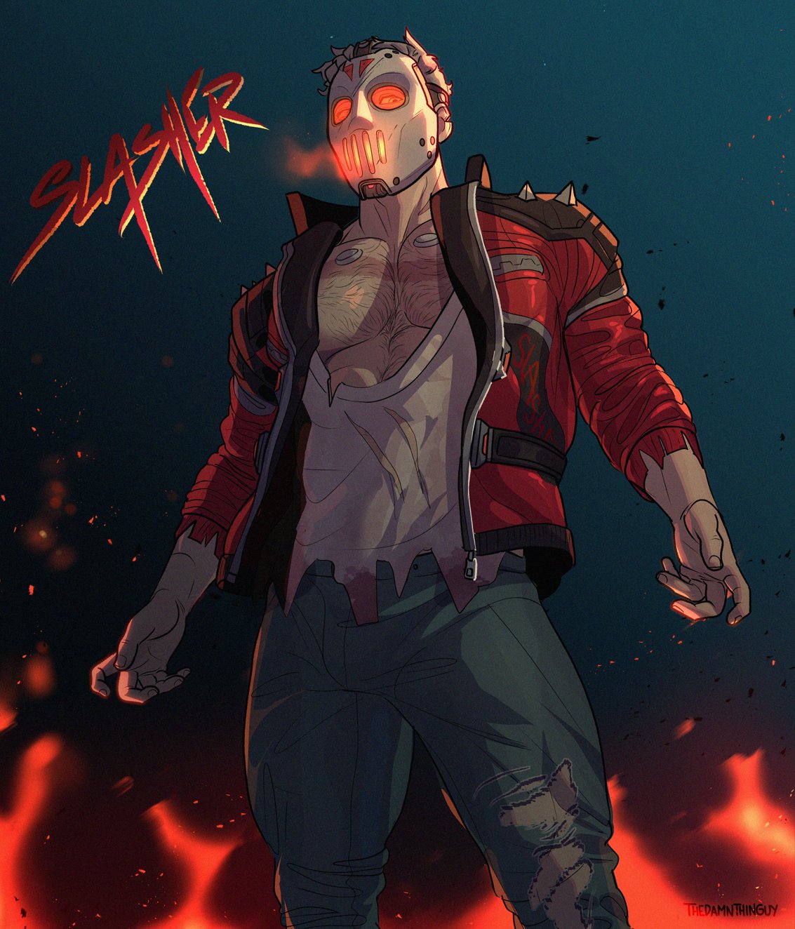 1boy ashes bara denim fire highres hockey_mask jacket jeans mask mature_male muscular muscular_male night night_sky official_alternate_costume open_clothes open_jacket overwatch overwatch_1 paid_reward_available pants pectoral_cleavage pectorals red_jacket scar scar_on_chest shirt shoulder_spikes signature sky slasher:_76 soldier:_76_(overwatch) solo spikes tank_top thedamnthinguy torn_clothes torn_jeans torn_pants torn_shirt white_hair white_tank_top