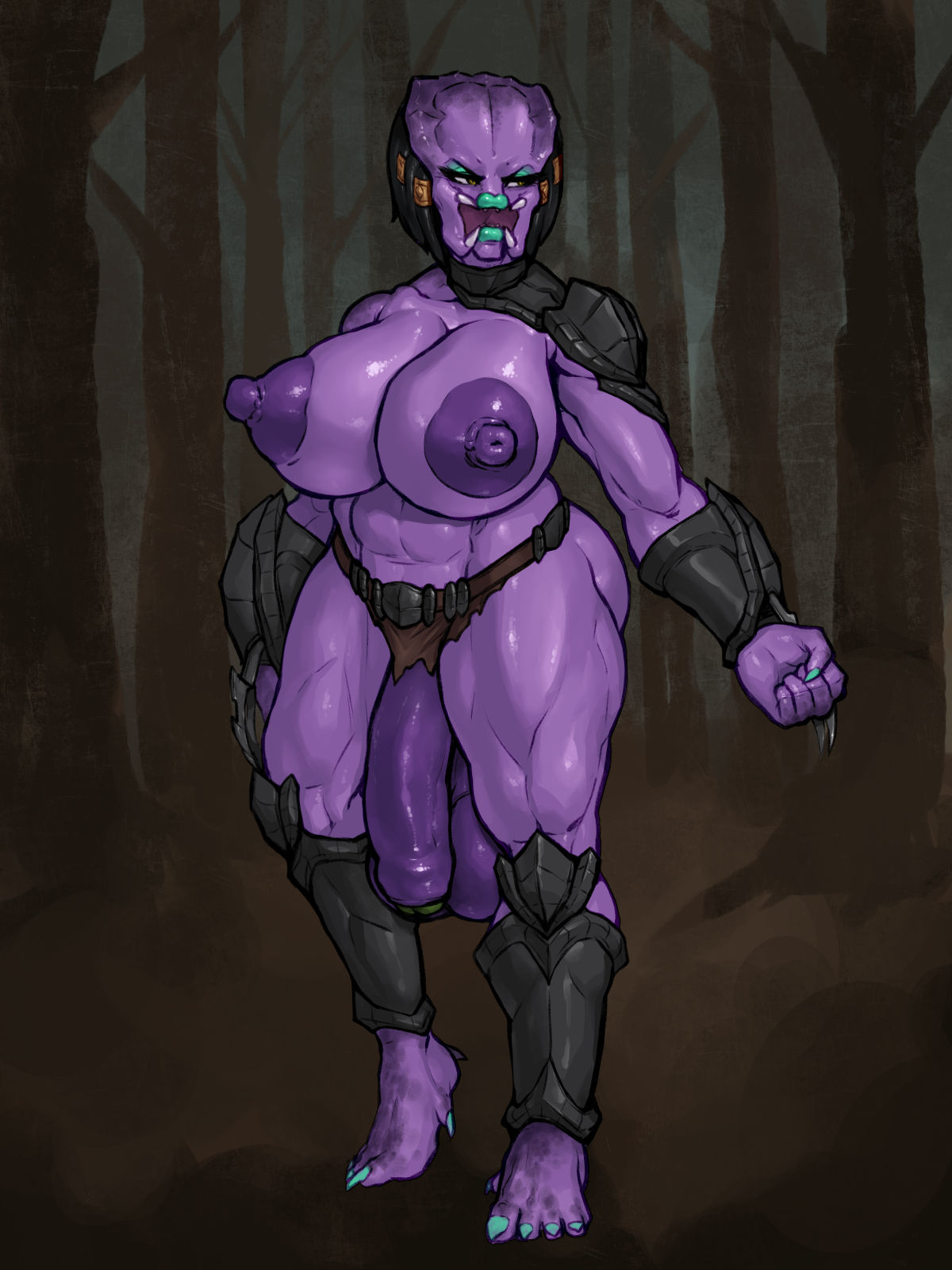 alien alien_humanoid ankle_band ankle_cuffs areola armor balls belt_only big_balls big_breasts big_penis blue_lips blue_nails blue_toenails breasts clothing colored_nails cuff_(restraint) dreadlocks erect_nipples fan_character flaccid foreskin genitals gentials gynomorph hanging_pussy hi_res huge_balls huge_breasts huge_penis humanoid humanoid_genitalia humanoid_penis hunting intersex leg_armor legband legwear lips nails nipples nude penis plant predator_(franchise) purple_balls purple_body purple_nipples purple_penis purple_skin rampage0118 restraints solo solo_focus stimia_(rampage0118) tree unconvincing_armor wrist_blades wrist_bracers wrist_cuffs wristband yautja