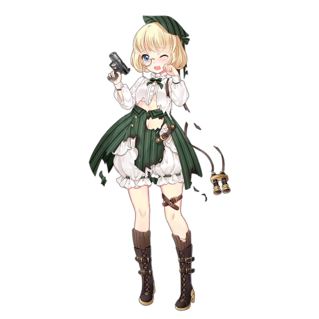 1girl arms_up binoculars blonde_hair bloomers blue_eyes blush bob_cut boots brown_footwear brown_socks clenched_hand colored_shoe_soles cracked_glass full_body girls'_frontline green_ribbon green_skirt gun handgun hat hat_ribbon holding holding_gun holding_weapon holster long_sleeves looking_at_viewer mana_(418208360) monocle monocle_chain neck_ribbon official_art one_eye_closed open_mouth p99_(girls'_frontline) puffy_long_sleeves puffy_sleeves ribbon ribbon-trimmed_bloomers semi-rimless_eyewear shirt short_hair simple_background skirt socks solo standing tears teeth thigh_holster torn_clothes torn_shirt torn_skirt torn_socks torn_straps transparent_background trigger_discipline underwear upper_teeth_only walther walther_p99 weapon white_bloomers white_shirt