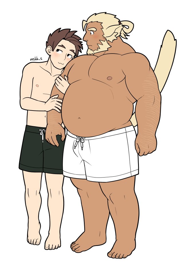 2boys :3 age_difference bara beard big_belly black_male_swimwear blonde_hair blush bulge couple dark-skinned_male dark_skin facial_hair flat_color full_body huckle_(live_a_hero) large_pectorals live_a_hero locked_arms male_focus male_protagonist_(live_a_hero) male_swimwear masa_(mshk_s) mature_male multiple_boys muscular muscular_male navel nipples pectorals penis_size_difference standing stomach swim_trunks tail_raised thick_eyebrows topless_male white_male_swimwear wide-eyed yaoi