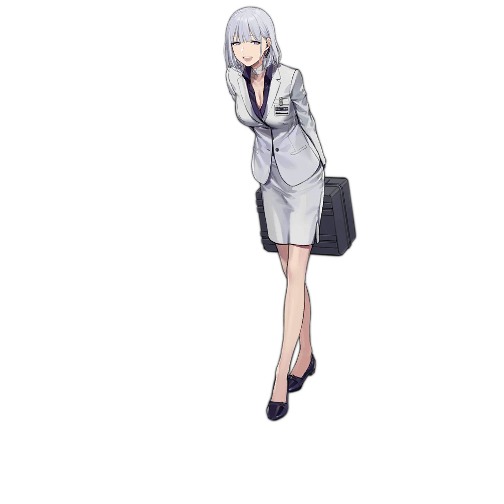 1girl arms_behind_back black_footwear breasts business_suit choker cleavage duoyuanjun earpiece formal full_body girls'_frontline grey_hair half-closed_eyes holding holding_suitcase id_card jacket large_breasts leaning_forward long_skirt long_sleeves no_socks official_alternate_costume official_art open_mouth purple_shirt rpk-16_(girls'_frontline) shirt shoes short_hair simple_background skirt smile solo standing suit suitcase teeth transparent_background upper_teeth_only white_choker white_jacket white_skirt