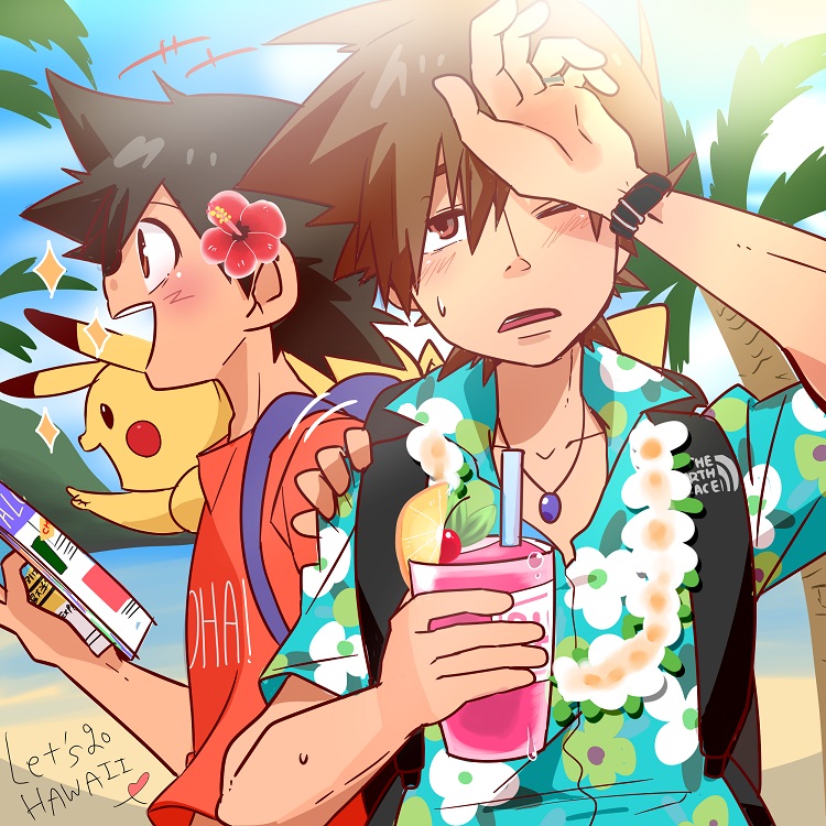 2boys ash_ketchum backpack bag brown_hair cherry collarbone creature creature_on_shoulder flower flower_necklace food fruit gary_oak hair_flower hair_ornament hawaii hawaiian_shirt holding holding_magazine jewelry lemon lemon_slice magazine_(object) male_focus multiple_boys necklace nekonekopunyann on_shoulder one_eye_closed open_mouth palm_tree pikachu pokemon pokemon_(creature) shirt short_hair smoothie sunlight sweatdrop t-shirt tree tropical_drink watch wristwatch