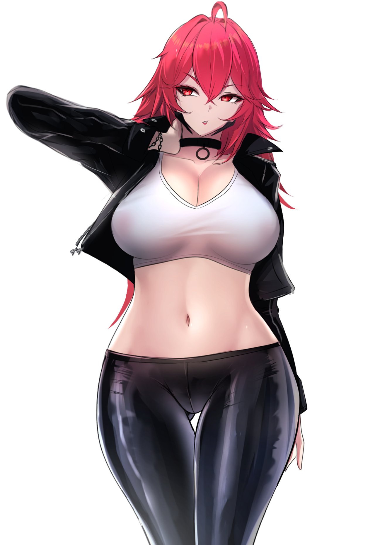 1girl ahoge alternate_costume arm_up ass_visible_through_thighs black_choker black_jacket black_pants breasts casual choker cleavage collarbone commentary cowboy_shot crop_top crossed_bangs goddess_of_victory:_nikke groin hair_between_eyes hand_on_own_neck highres jacket large_breasts leather leather_jacket leather_pants long_hair looking_to_the_side midriff navel nemo_(aeon2801) nihilister_(nikke) open_clothes open_jacket pants parted_lips red_eyes red_hair shirt sidelocks simple_background solo standing tank_top taut_clothes taut_shirt thigh_gap white_background white_tank_top