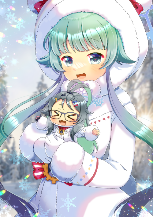 &gt;_&lt; 2girls :d blue_archive blue_eyes blue_sky blurry blurry_background blush bow closed_eyes coat commentary_request day depth_of_field fur-trimmed_coat fur-trimmed_hood fur-trimmed_sleeves fur_trim gloves green_hair grey_hair hood hood_up hooded_coat kou_hiyoyo long_hair long_sleeves looking_at_viewer meru_(blue_archive) mini_person minigirl momiji_(blue_archive) multicolored_hair multiple_girls outdoors red_bow red_sweater sky smile snowflakes sweater tree two-tone_hair very_long_hair white_coat white_gloves xd
