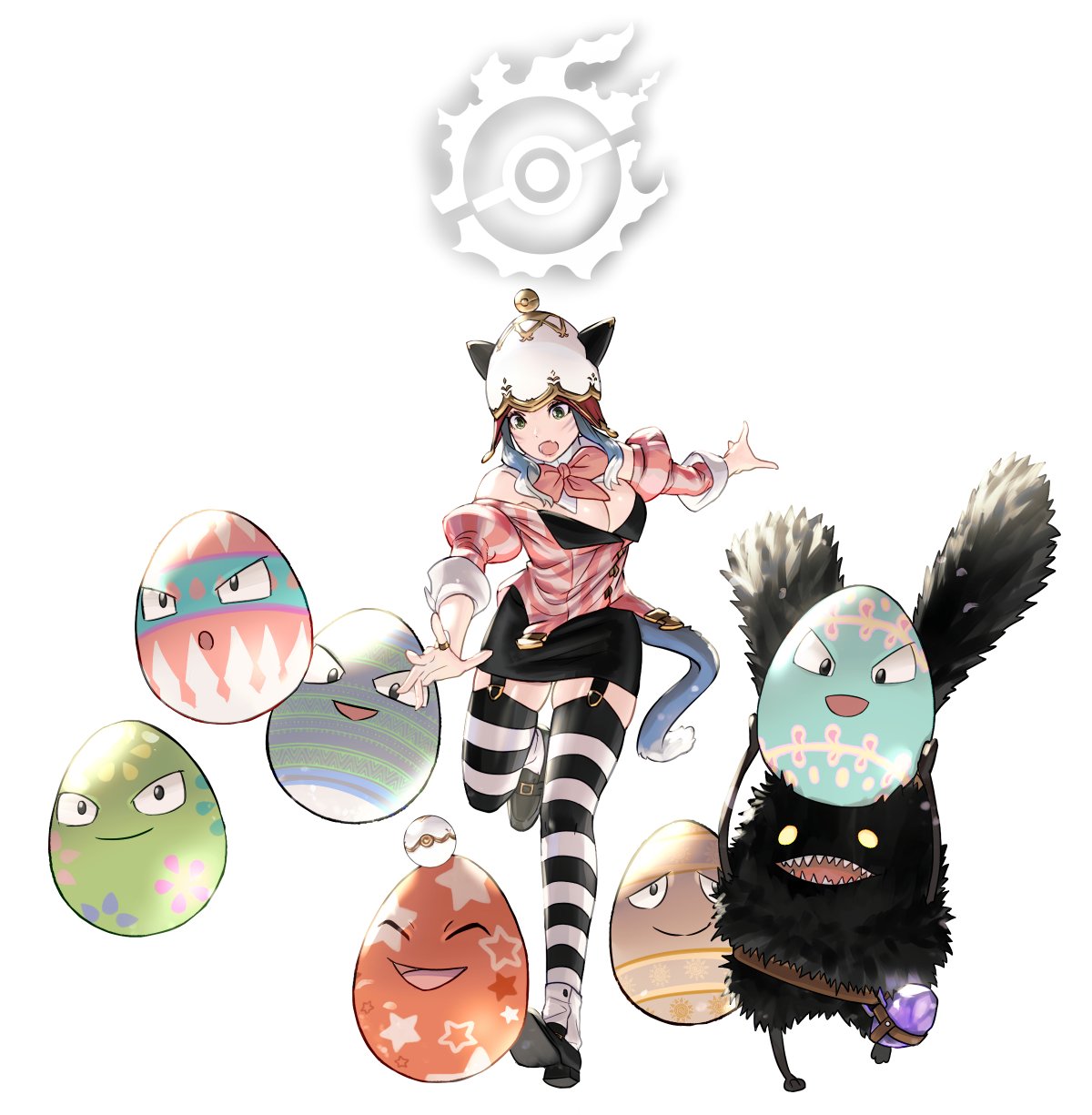 1girl :o ^_^ animal_ears bare_shoulders black_footwear black_skirt blue_hair bow bowtie breasts buttons cat_ears cat_girl cat_tail cleavage closed_eyes commentary crossover exeggcute facial_mark fang full_body green_eyes hat highres holding holding_pokemon jacket jewelry jihli_aliapoh juliet_sleeves large_breasts leg_up legwear_garter long_sleeves medium_hair miqo'te off-shoulder_jacket off_shoulder open_mouth outstretched_arms pencil_skirt pink_bow pink_bowtie pink_jacket pokemon pokemon_(creature) potion_lilac puffy_sleeves ring running sharp_teeth shoes simple_background skin_fang skirt smile solo spriggan_(final_fantasy) striped striped_thighhighs tail teeth thighhighs two-tone_thighhighs white_background