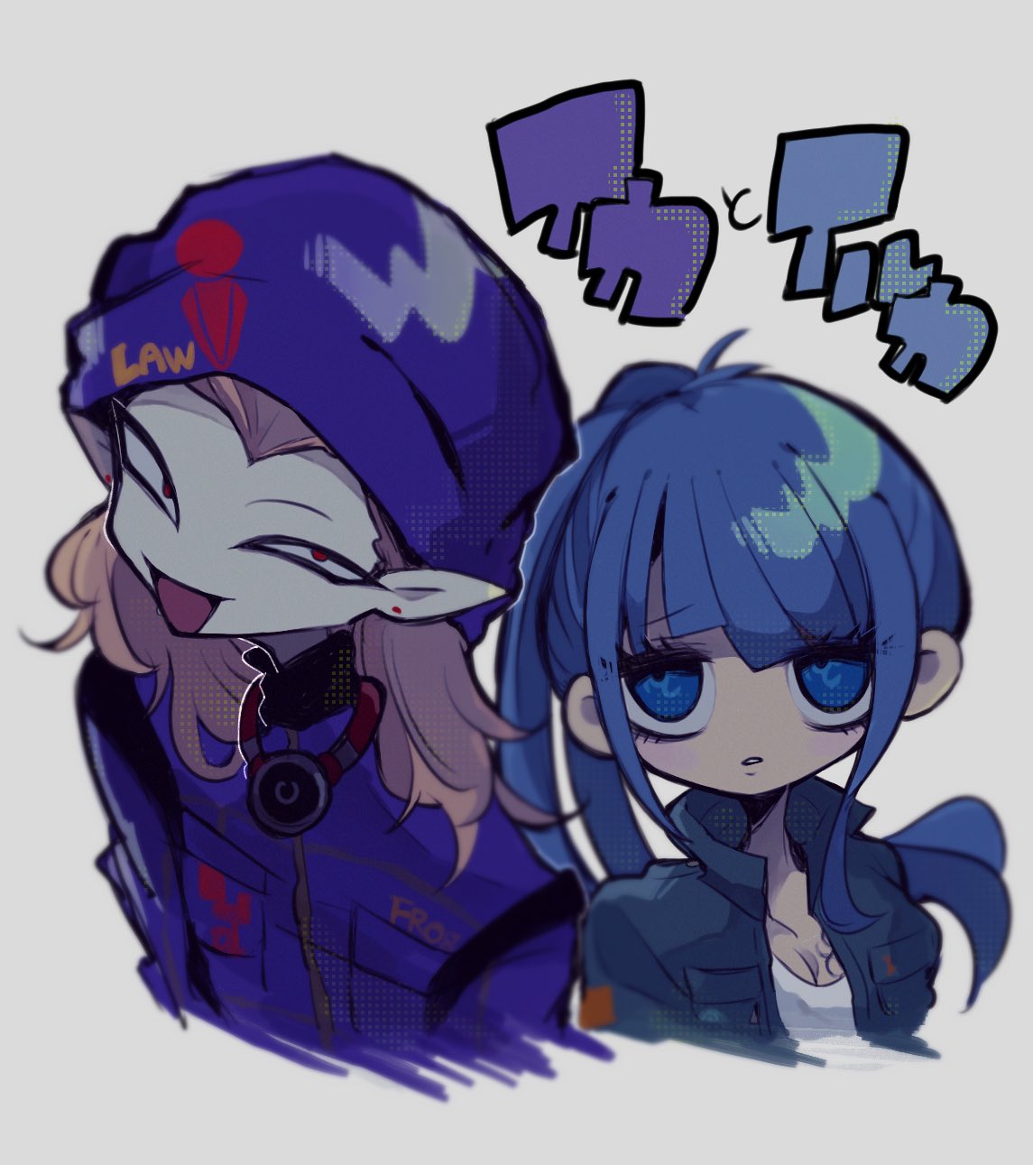 1boy 1girl :d beanie blonde_hair blue_eyes blue_hair blue_headwear blue_jacket chachan_chan character_name commentary_request cropped_torso grey_background hat highres icardi_(rain_code) iruka_(rain_code) jacket long_hair looking_at_viewer master_detective_archives:_rain_code open_clothes open_jacket open_mouth pointy_ears ponytail red_eyes shirt smile translation_request white_shirt
