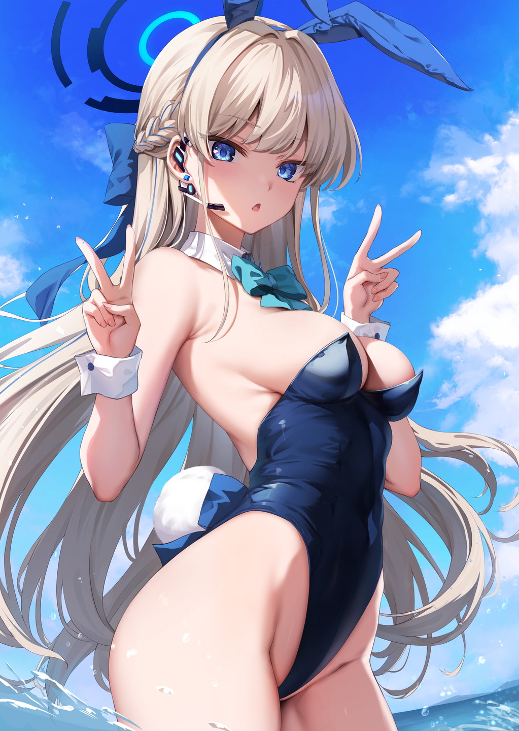 1girl animal_ears aqua_bow aqua_bowtie bare_shoulders blonde_hair blue_archive blue_eyes blue_hair blue_hairband blue_leotard bow bowtie braid breasts covered_navel day detached_collar double_v earpiece fake_animal_ears fake_tail hairband halo highleg highleg_leotard highres large_breasts leotard long_hair looking_at_viewer multicolored_hair official_alternate_costume oozora_itsuki open_mouth playboy_bunny rabbit_ears rabbit_tail sideboob solo strapless strapless_leotard streaked_hair tail thighs toki_(blue_archive) toki_(bunny)_(blue_archive) v white_wrist_cuffs wrist_cuffs