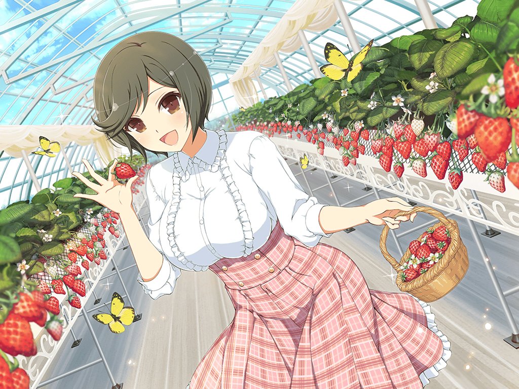 1girl basket blue_sky blush breasts brown_eyes brown_hair bug butterfly buttons cloud day flower food frilled_shirt frilled_skirt frills fruit garden greenhouse holding holding_basket holding_food holding_fruit indoors large_breasts leaf looking_at_viewer mai_(senran_kagura) official_alternate_costume official_art open_mouth plaid plaid_skirt plant senran_kagura senran_kagura_new_link senran_kagura_new_wave shiny_skin shirt short_hair skirt sky smile solo standing strawberry strawberry_blossoms strawberry_plant sunlight tongue underbust white_flower wooden_floor yaegashi_nan yellow_butterfly