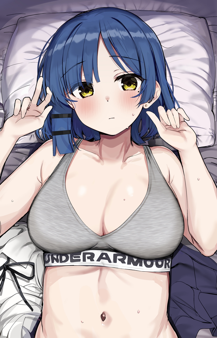 1girl bed_sheet black_skirt blue_hair bocchi_the_rock! bra breasts closed_mouth clothes_writing collarbone ear_piercing grey_bra highres large_breasts looking_at_viewer mole mole_under_eye navel piercing pillow rouka_(akatyann) shirt shirt_removed short_hair skirt skirt_removed solo sweat underwear upper_body white_shirt yamada_ryo yellow_eyes