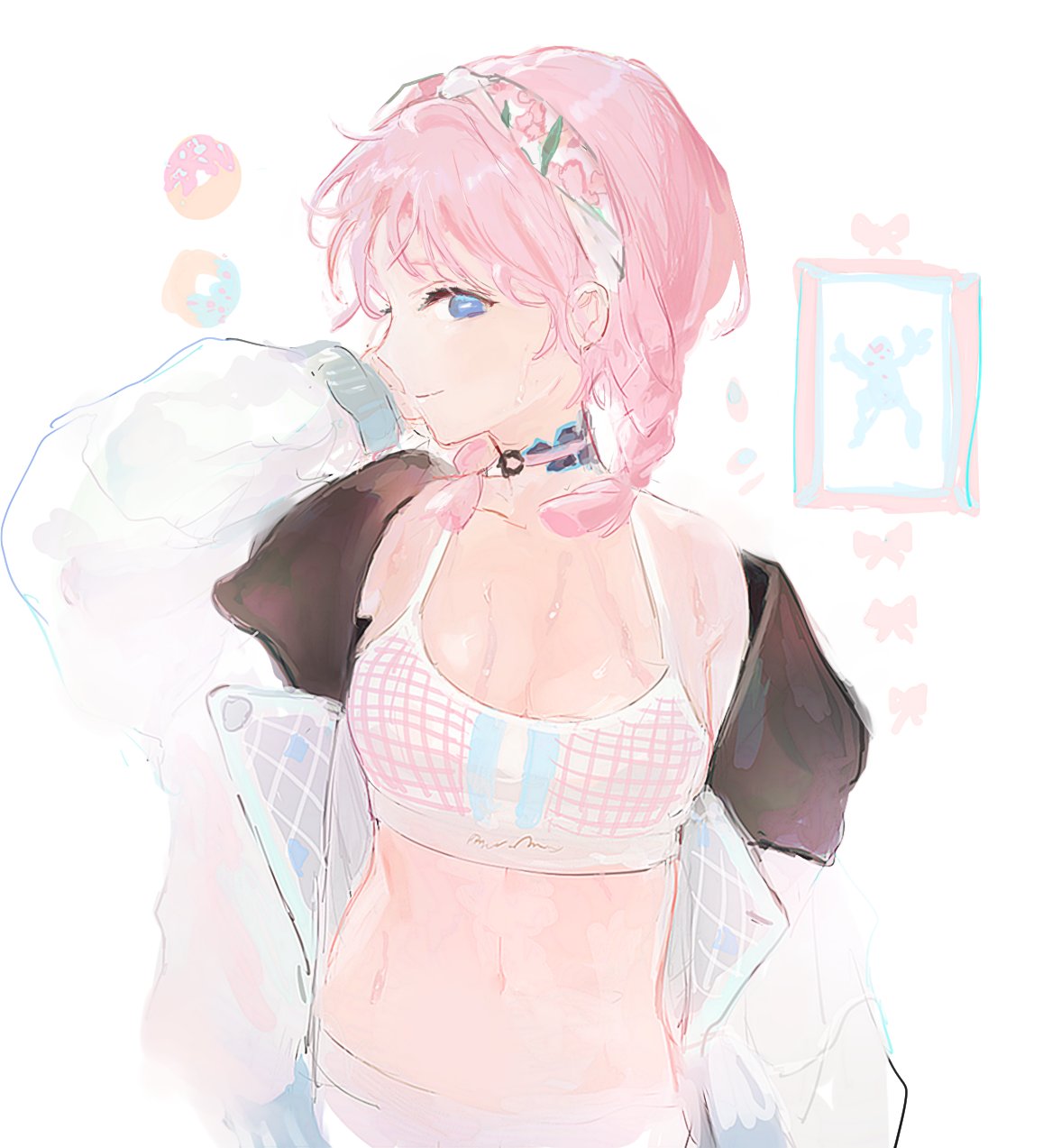 1girl arknights bare_shoulders blue_eyes blue_poison_(arknights) blue_poison_(shoal_beat)_(arknights) braid choker dal-gi hairband highres jacket medium_hair o-ring o-ring_choker off_shoulder official_alternate_costume official_art open_clothes open_jacket pink_choker pink_hair rectangular_pupils scales simple_background sketch solo sports_bra twin_braids upper_body white_background white_hairband white_jacket white_sports_bra