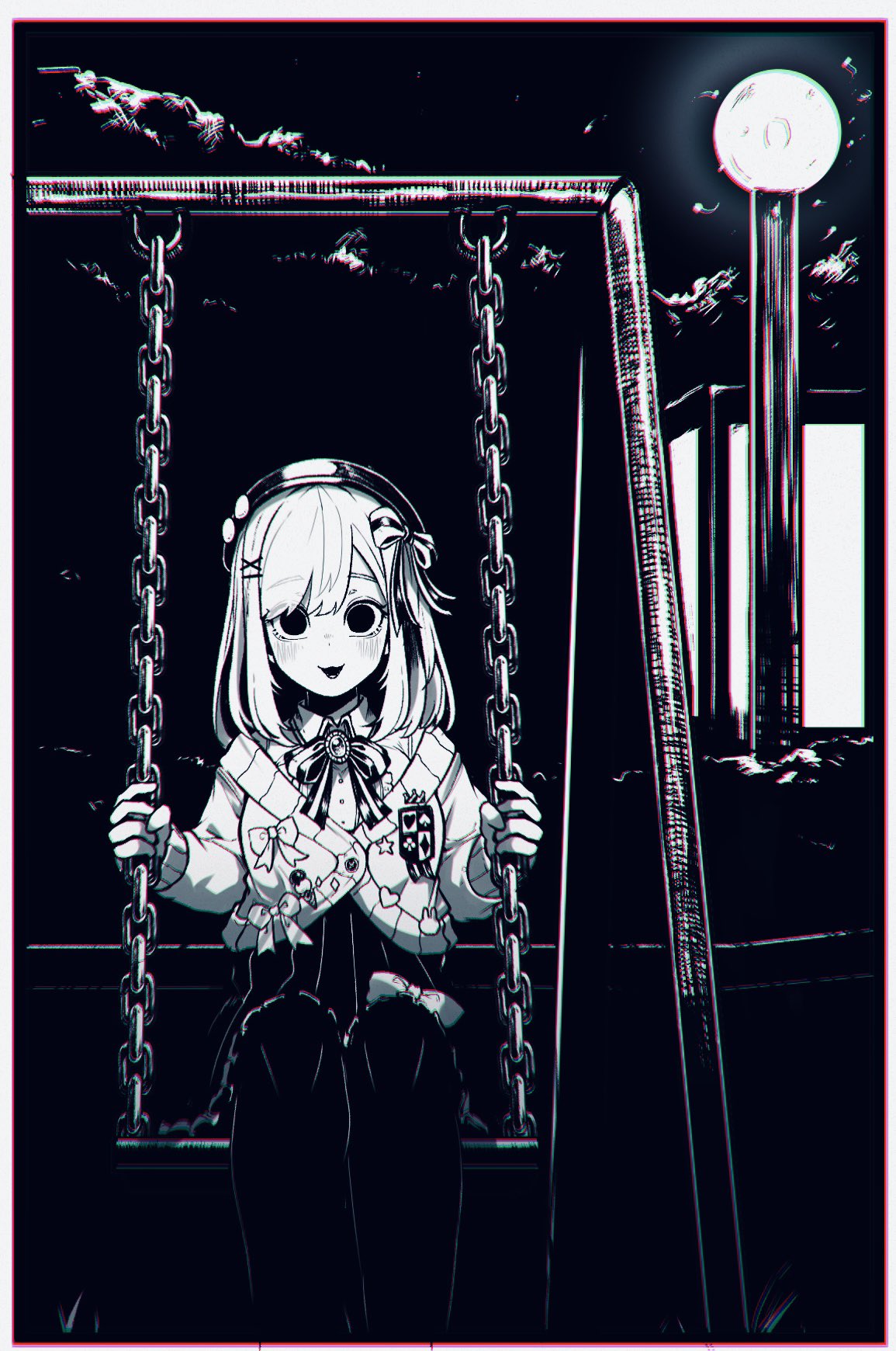 1girl :3 asymmetrical_bangs beret black_eyes blush border bow brooch cardigan chain chromatic_aberration collared_shirt dark darkness dot_nose eyes_visible_through_hair feet_out_of_frame grabbing greyscale hair_ornament hat hat_pin hatching_(texture) hatyuuruinohito high-waist_skirt highres holding jewelry lamppost long_sleeves looking_at_viewer medium_hair monochrome night night_sky nijisanji open_mouth outdoors shirt sitting skirt sky smile solid_circle_pupils solo striped striped_skirt suzuhara_lulu sweater swing swing_set two-tone_bow vertical-striped_skirt vertical_stripes virtual_youtuber white_border x_hair_ornament