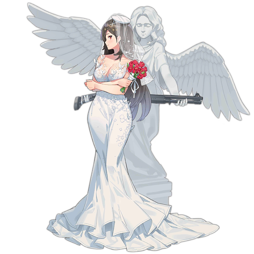 1girl angel_statue bare_shoulders benelli_m1014 bouquet breasts bridal_veil brown_hair cleavage closed_mouth crossed_arms ddal dress flower full_body girls'_frontline gun holding holding_bouquet large_breasts light_blush long_dress long_hair looking_at_viewer looking_to_the_side m1014_(girls'_frontline) m1014_(heartbeat_before_the_angel_statue)_(girls'_frontline) official_alternate_costume official_art profile red_eyes red_flower red_rose rose shotgun simple_background solo standing statue transparent_background veil very_long_hair weapon wedding_dress white_dress