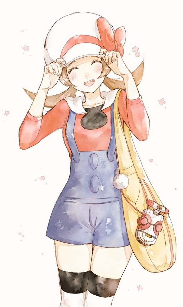 1girl :d asuka_rkgk blue_overalls blush bow brown_hair cabbie_hat closed_eyes eyelashes facing_viewer flower_(symbol) hands_on_headwear hands_up happy hat hat_bow long_hair lyra_(pokemon) open_mouth overalls pokegear pokemon pokemon_(game) pokemon_hgss red_bow smile solo teeth thighhighs tongue twintails upper_teeth_only white_background white_headwear yellow_bag