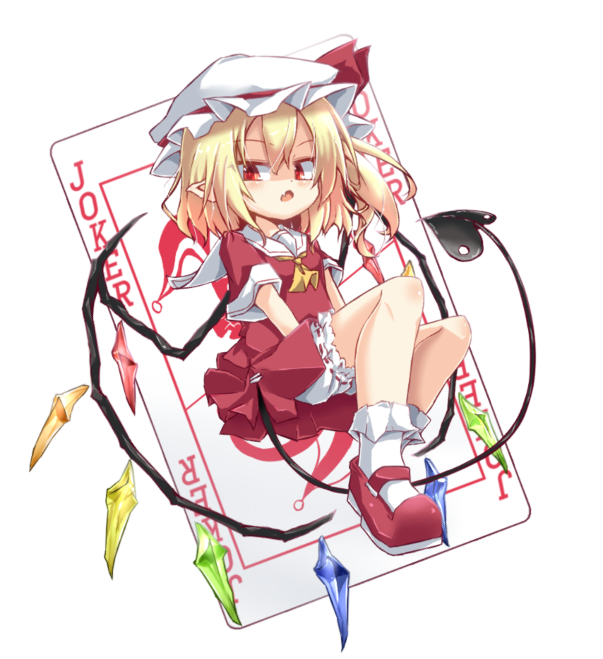 1girl alternate_costume arms_between_legs ascot blonde_hair bloomers bobby_socks card crystal dress fang flandre_scarlet full_body hair_between_eyes hat joker_(card) laevatein_(tail) mary_janes medium_hair mob_cap multicolored_wings musao one_side_up open_mouth playing_card pointy_ears red_eyes red_footwear sailor_collar sailor_dress shoes short_sleeves skin_fang socks solo tail touhou transparent_background underwear v_arms white_bloomers white_headwear white_sailor_collar wings yellow_ascot