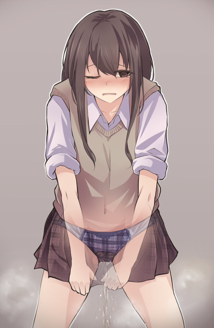 1girl averting_eyes blue_panties blush brown_eyes brown_hair brown_skirt brown_vest collarbone collared_shirt commentary_request cowboy_shot embarrassed flat_chest grey_background hair_between_eyes half-closed_eye legs_apart long_hair looking_to_the_side miniskirt navel nose_blush open_mouth original outline panties partial_commentary pee peeing peeing_self plaid plaid_panties plaid_skirt pleated_skirt raised_eyebrows school_uniform shirt sidelocks simple_background skirt skirt_grab solo standing steam stomach straight-on sweater_vest tears underwear vest watakarashi wet wet_clothes wet_panties white_outline white_shirt x-ray