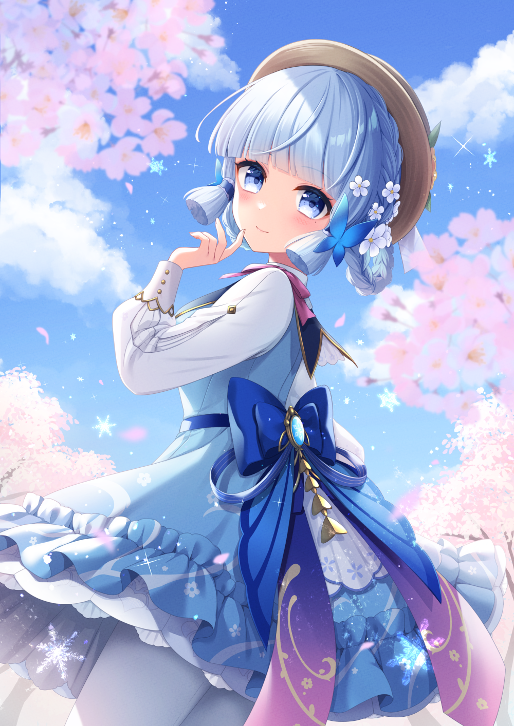 1girl blue_dress blue_eyes blue_hair blue_sky blunt_bangs blunt_tresses braid butterfly_hair_ornament cherry_blossoms cloud commentary cowboy_shot dress genshin_impact hair_ornament hand_up highres kamisato_ayaka kamisato_ayaka_(springbloom_missive) light_blue_hair long_sleeves looking_at_viewer official_alternate_costume official_alternate_hairstyle pantyhose puffy_long_sleeves puffy_sleeves sky solo stardrop white_pantyhose