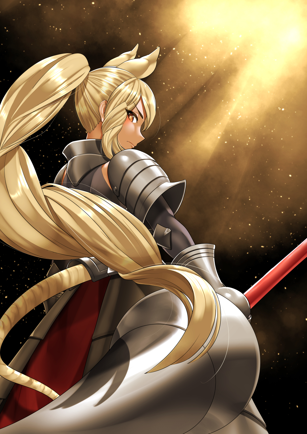 1girl animal_ears armor blonde_hair breastplate brown_hair closed_mouth drill_hair drill_sidelocks extra_ears from_behind gauntlets high_ponytail highres holding holding_polearm holding_weapon kawanami_eito kemono_friends long_hair looking_at_viewer polearm rhinoceros_ears rhinoceros_girl shoulder_armor sidelocks sideways_glance solo spear standing tail v-shaped_eyebrows very_long_hair weapon white_rhinoceros_(kemono_friends)