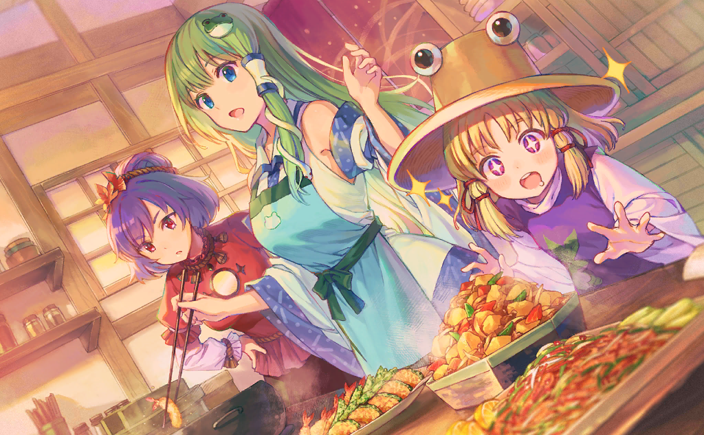 +_+ 3girls animal_print apron arm_up autumn_leaves bare_shoulders black_skirt blue_apron blue_eyes blue_trim blunt_bangs bow bracelet brown_headband brown_headwear chopsticks collared_shirt cooking_pot detached_sleeves drooling dutch_angle food food_request frilled_sleeves frills frog_hair_ornament frog_print frown frying_pan game_cg green_bow green_hair green_sash hair_bun hair_ornament hair_ribbon hand_on_own_hip hat headband height_difference holding holding_chopsticks indoors jewelry kochiya_sanae layered_sleeves leaf_hair_ornament light_blush light_frown long_hair long_sleeves medium_hair mirror moriya_suwako moryo multiple_girls official_art open_mouth plate puffy_short_sleeves puffy_sleeves purple_eyes purple_hair purple_vest rabbit_print red_eyes red_ribbon red_shirt ribbon rope sash shimenawa shirt short_over_long_sleeves short_sleeves shrimp single_hair_bun single_hair_tube single_sidelock skirt sleeveless sleeveless_shirt smile snake_hair_ornament sparkle steam table teeth tempura touhou touhou_cannonball turtleneck upper_teeth_only v-shaped_eyebrows vest waist_bow white_shirt white_sleeves wide_sleeves yasaka_kanako
