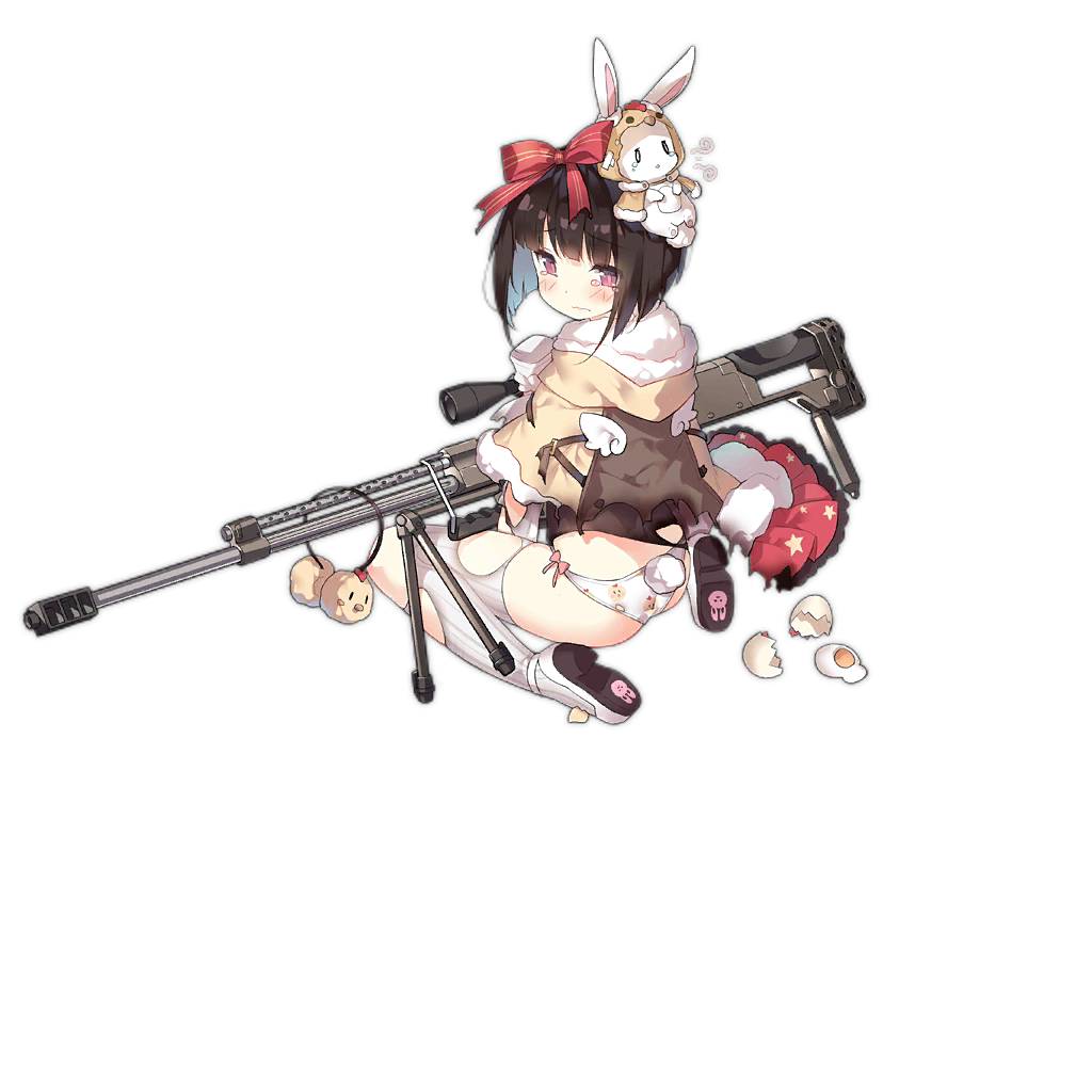 1girl animal_earmuffs animal_print ass black_shirt blush bow brown_hair closed_mouth coat colored_shoe_soles cracked_egg earmuffs_removed egg_yolk fake_tail footwear_bow from_behind fur-trimmed_coat fur_trim girls'_frontline gun hair_bow holding holding_gun holding_weapon hood hooded_coat kneeling long_sleeves looking_at_viewer looking_back m99_(cyclamen)_(girls'_frontline) m99_(girls'_frontline) no_pants official_alternate_costume official_art panties print_panties purple_eyes rabbit_print rabbit_tail red_bow ribbed_thighhighs saru scope scorch_mark shirt shoe_soles short_hair side-tie_panties simple_background solo stuffed_animal stuffed_rabbit stuffed_toy tail tareme tearing_up tears thighhighs torn_clothes torn_coat torn_shirt torn_sleeves torn_thighhighs transparent_background underwear wavy_mouth weapon white_footwear white_panties white_sleeves zijiang_m99