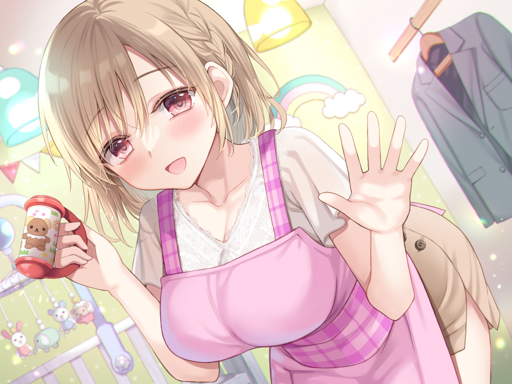 1girl :d apron blush braid breasts brown_hair brown_skirt cleavage clothes_hanger crib hair_between_eyes hand_up ikura_nagisa indoors jacket jacket_removed kindergarten_teacher large_breasts leaning_forward mobile pink_aprone pink_eyes rainbow rattle skirt smile solo string_of_flags