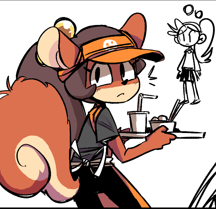 apron beverage clothing employee_uniform female food jenny_(peargor) mammal peargor rodent sciurid solo squirrel_tail straw tray tree_squirrel