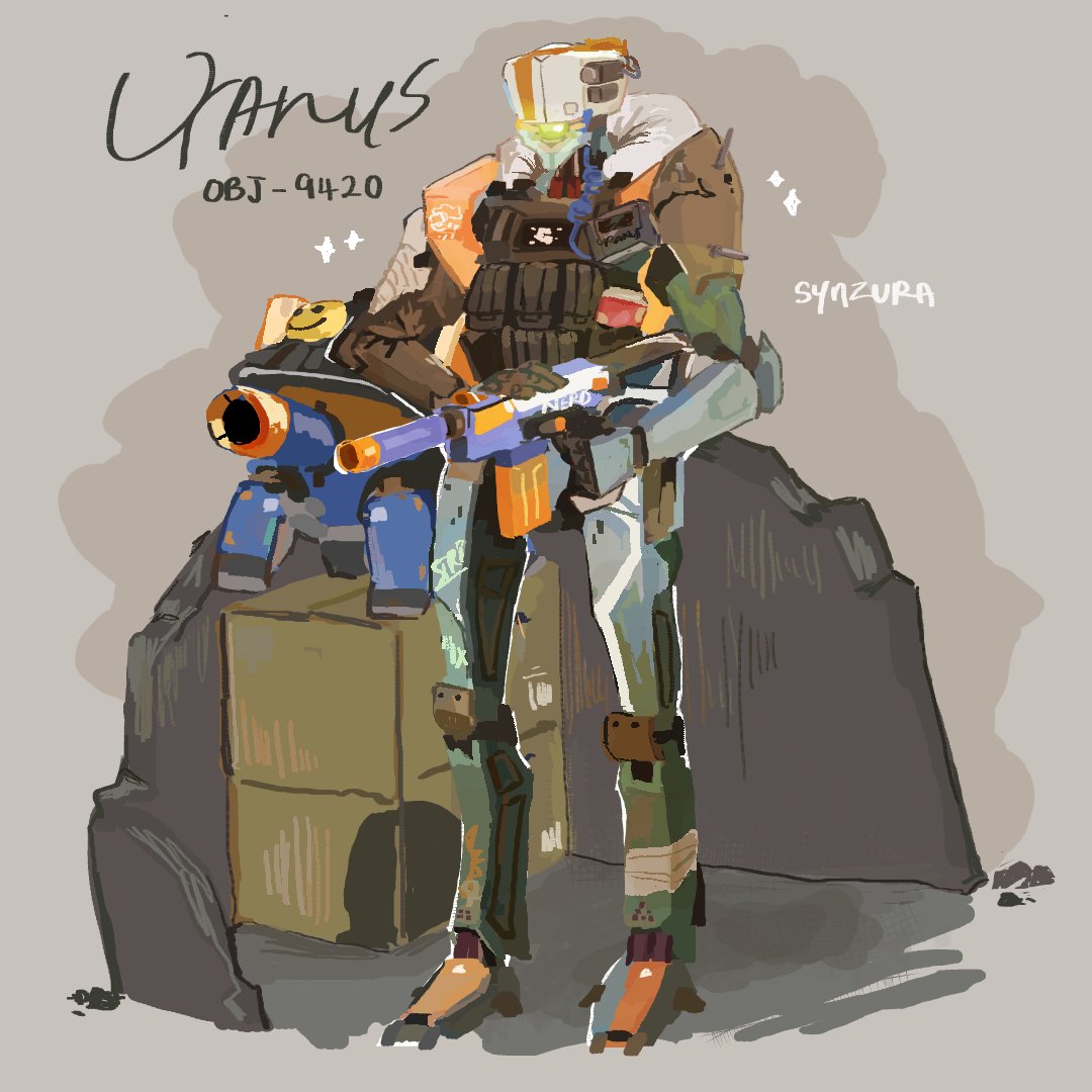 1boy armor artist_name box brand_name_imitation bulletproof_vest camera_eyes cannon cardboard_box character_name commentary english_commentary full_body girls'_frontline girls'_frontline_neural_cloud gun hand_on_weapon holding holding_gun holding_weapon humanoid_robot joints looking_to_the_side male_focus nerf_gun no_humans non-humanoid_robot robot rubble sketch smiley_face sparkle standing synzura uranus_(neural_cloud) vest weapon
