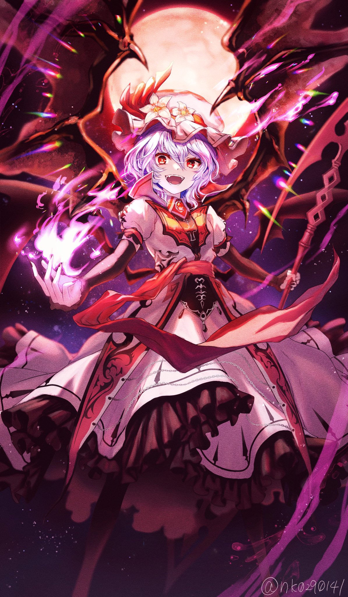 1girl adapted_costume bat_wings commentary_request dress fangs feet_out_of_frame fire flower frilled_dress frills full_moon hat hat_flower hat_ribbon highres looking_at_viewer mob_cap moon natsume_k open_mouth purple_hair red_eyes red_ribbon remilia_scarlet ribbon short_hair short_sleeves solo spear_the_gungnir touhou twitter_username white_dress white_flower wings
