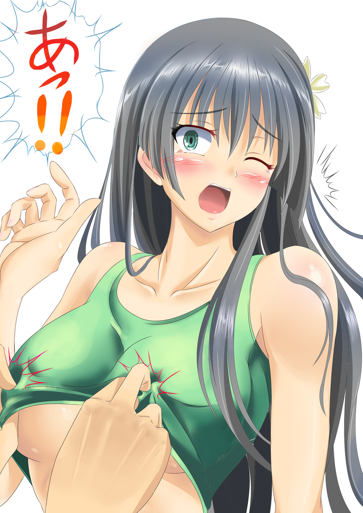 1girl 1other alternate_breast_size ambiguous_gender aqua_eyes bare_arms bare_shoulders black_hair blush braid breasts commentary_request covered_nipples flower green_tank_top hair_between_eyes hair_flower hair_ornament hand_up ichikawa_feesu large_breasts long_hair looking_at_viewer one_eye_closed open_mouth saten_ruiko simple_background tank_top teeth toaru_kagaku_no_railgun toaru_majutsu_no_index tongue translation_request underboob upper_body upper_teeth_only white_background