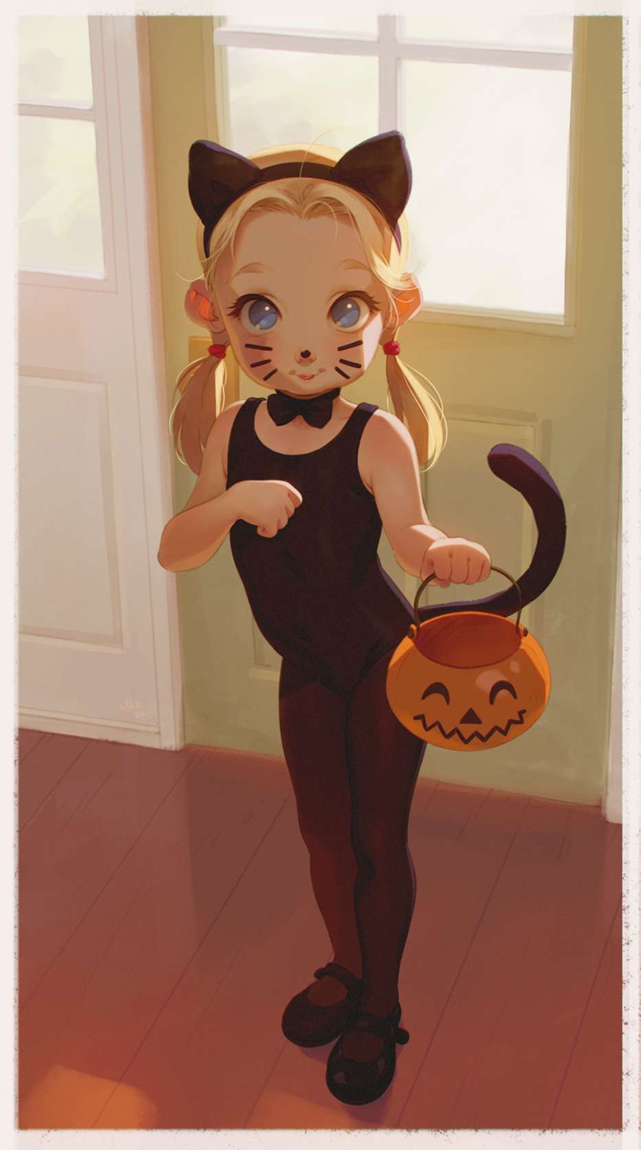 1girl :p alkemanubis animal_ears black_footwear black_leotard black_pantyhose blonde_hair blue_eyes bow bowtie cat_ears cat_tail drawn_whiskers fake_animal_ears fake_tail full_body halloween highres indoors leotard long_hair looking_at_viewer original pantyhose pumpkin shoes smile solo tail tongue tongue_out twintails