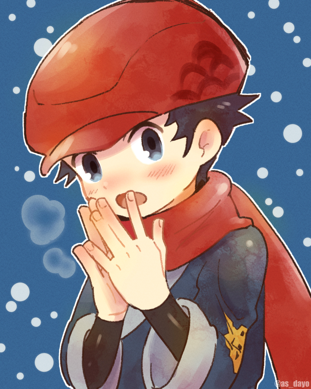 1boy :o asu_(as_dayo) black_shirt blue_background blush commentary_request grey_eyes grey_jacket hands_up hat highres jacket logo male_focus open_mouth outline pokemon pokemon_(game) pokemon_legends:_arceus red_headwear red_scarf rei_(pokemon) scarf shirt short_hair solo upper_body