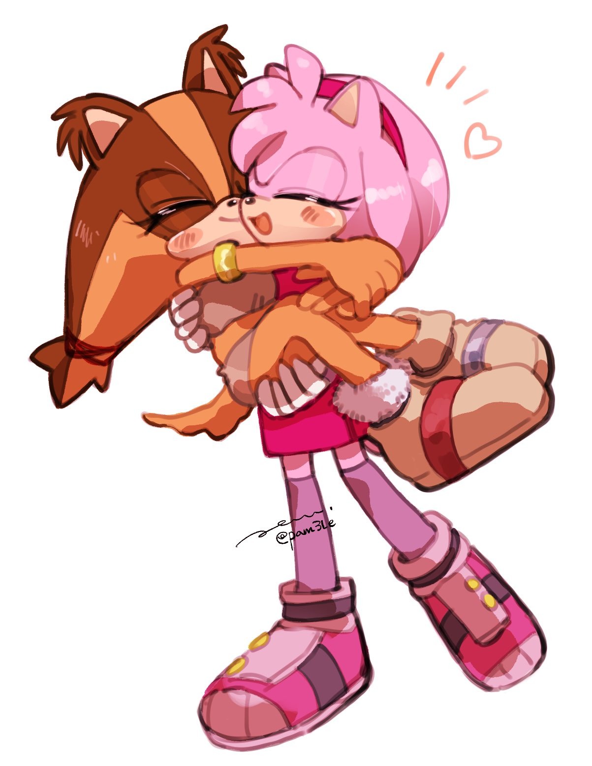 2girls amy_rose animal_ears animal_nose badger badger_ears badger_tail carrying carrying_person closed_eyes furry hedgehog hedgehog_ears hedgehog_tail highres hug multiple_girls open_mouth pam3le pink_fur princess_carry sonic_(series) sonic_boom sonic_boom_(game) sticks_the_badger tail