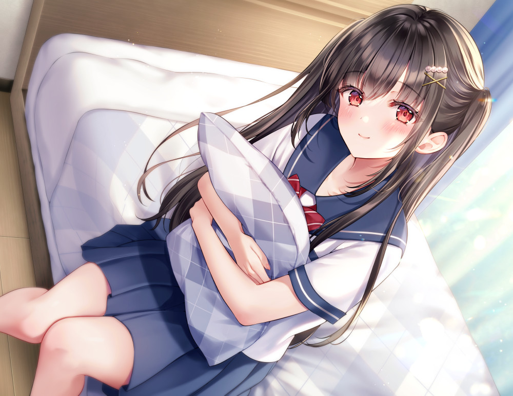 1girl bed bed_sheet black_hair blue_curtain blue_sailor_collar blue_serafuku blue_skirt blush closed_mouth collarbone commentary_request crossed_bangs curtains feet_out_of_frame hair_intakes hair_ornament hair_over_shoulder hairpin head_tilt holding holding_pillow indoors knees_together_feet_apart light_rays long_hair looking_at_viewer neckerchief object_hug on_bed original parted_bangs pillow pillow_hug pleated_skirt red_eyes red_neckerchief sailor_collar school_uniform serafuku shirt sidelocks sitting skirt smile solo transparent_curtains twintails very_long_hair white_shirt window yugirlpict