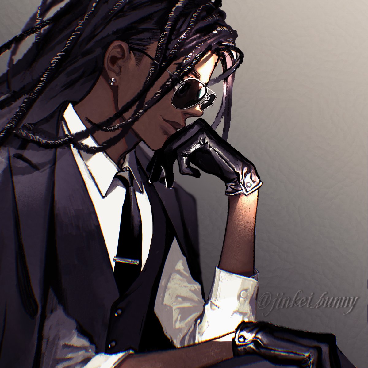 1boy artist_name black_eyes black_gloves black_hair black_jacket black_necktie black_suit close-up closed_mouth collared_shirt dark-skinned_male dark_skin dreadlocks earrings formal gloves gradient_background highres jacket jewelry koshika_rina long_hair looking_ahead male_focus necktie original shirt smile solo suit sunglasses sunlight white_shirt