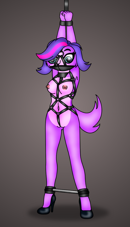 2019 anthro bdsm binder_(restraint) bondage bound breasts canid canine canis clothing domestic_dog female folwilliar footwear fur genitals hair harness hasbro high_heels littlest_pet_shop littlest_pet_shop_(2012) looking_at_viewer mammal mostly_nude navel nipples pussy raised_arm raised_arms raised_tail restraints solo standing tail wide_eyed zoe_trent