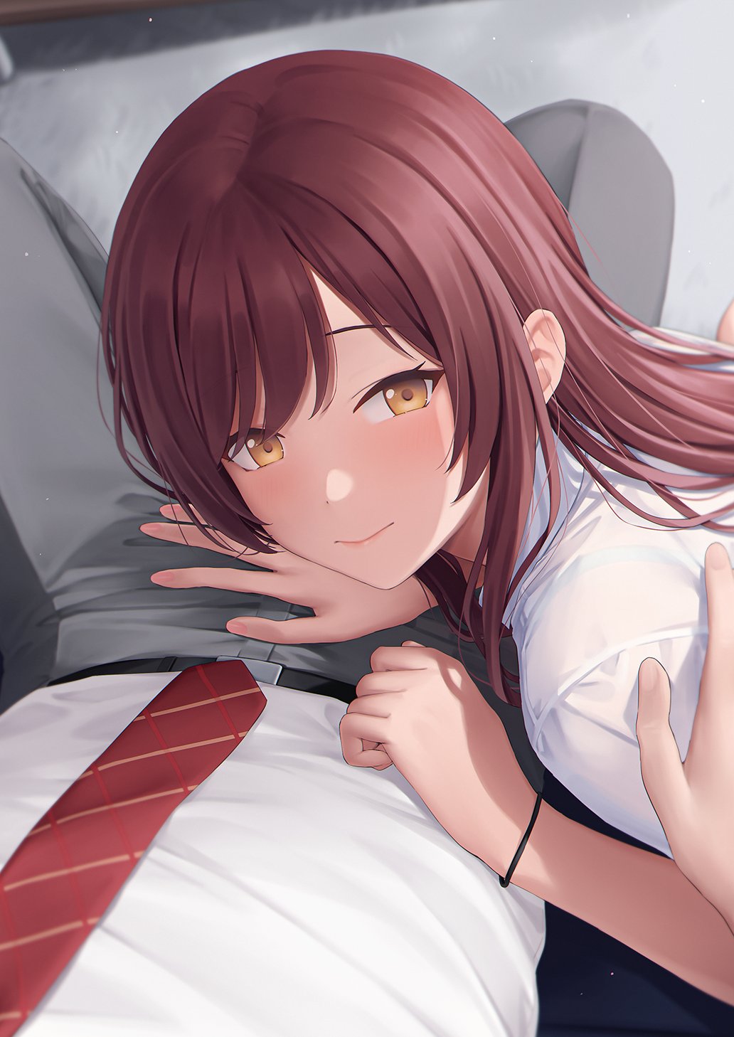 1boy 1girl blush bracelet caress closed_mouth commentary_request couch crotch_grab from_above hand_on_another's_crotch hand_on_another's_shoulder hetero highres idolmaster idolmaster_shiny_colors indoors jewelry long_hair looking_at_viewer mikazuchi_zeus necktie on_couch osaki_amana pov pov_hands red_hair red_necktie school_uniform shirt short_sleeves sitting smile solo_focus straight_hair swept_bangs very_long_hair white_shirt yellow_eyes
