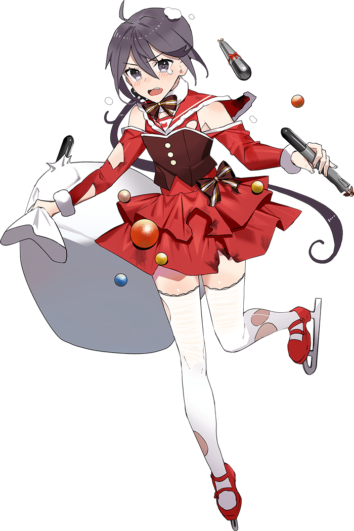 1girl akebono_(kancolle) christmas dress drew_(drew213g) full_body kantai_collection long_hair looking_at_viewer official_art open_mouth red_dress red_skirt sack side_ponytail skate skirt solo thighhighs torpedo transparent_background very_long_hair