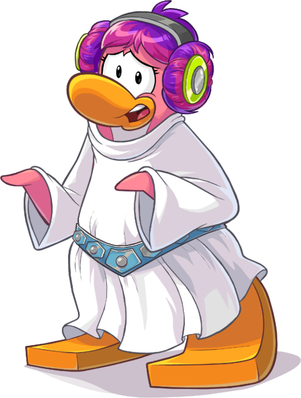 alpha_channel avian bird blue_belt clothing club_penguin cosplay dj_cadence female full-length_portrait hair hair_buns headphones leia_organa looking_at_viewer medium_hair multicolored_hair official_art open_mouth penguin pink_body pink_hair portrait purple_hair robe solo star_wars two_tone_hair unknown_artist upper_teeth_only white_clothing white_robe