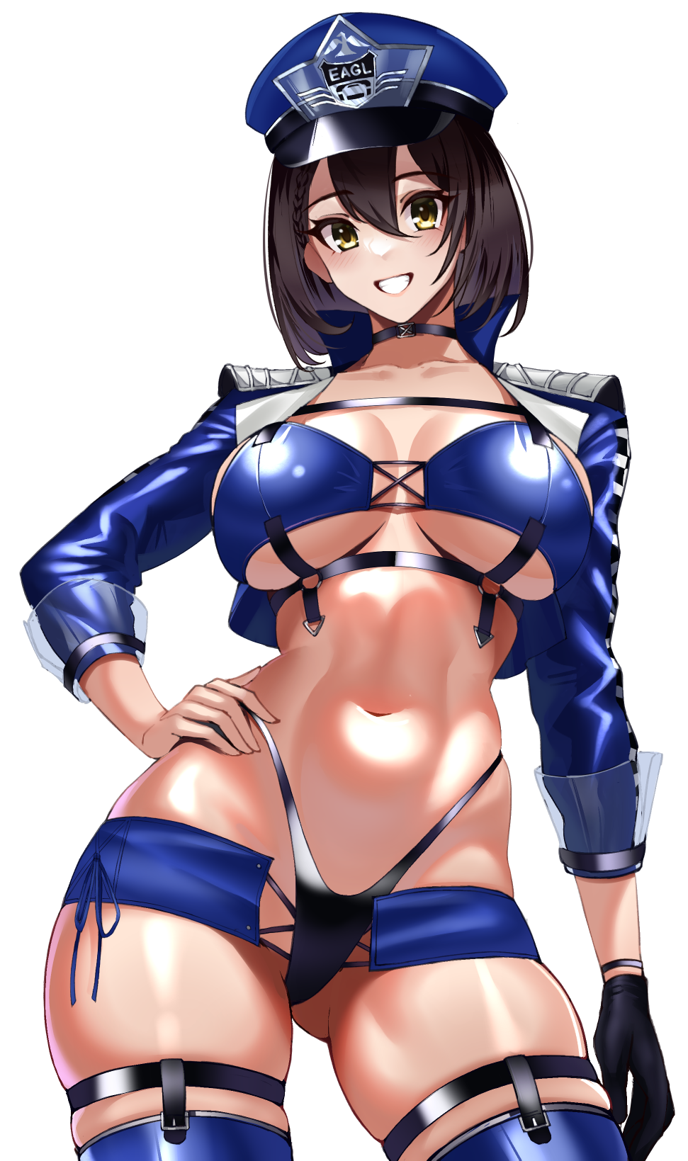 1girl azur_lane baltimore_(azur_lane) baltimore_(finish_line_flagbearer)_(azur_lane) bikini black_bikini black_choker black_gloves blue_bikini blue_headwear blue_jacket blue_thighhighs blush breasts brown_hair choker cleavage collarbone cowboy_shot cropped_jacket gloves grin hair_between_eyes hand_on_own_hip hat highleg highleg_bikini highres jacket large_breasts long_sleeves looking_at_viewer micro_shorts military_hat mismatched_bikini navel official_alternate_costume race_queen short_hair shorts simple_background single_glove smile solo swimsuit thighhighs thighs underboob volyz white_background yellow_eyes