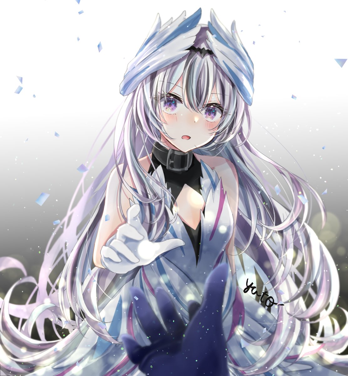 1girl black_choker black_hair blush breasts choker clothing_cutout dress feather_hair_ornament feathers fire_emblem fire_emblem_engage gloves grey_hair hair_ornament highres long_hair looking_at_viewer multicolored_hair open_mouth purple_eyes reaching reaching_towards_viewer simple_background small_breasts solo split-color_hair two-tone_hair very_long_hair veyle_(fire_emblem) white_gloves yuyu_(spika)