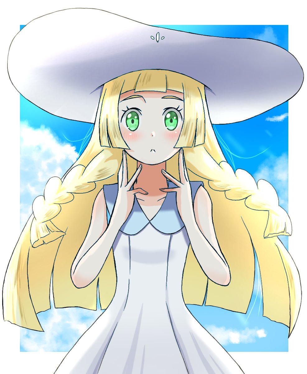 1girl blonde_hair blunt_bangs blush braid closed_mouth cloud cloudy_sky dress emapippi eyelashes green_eyes hands_on_own_face hat highres light_frown lillie_(pokemon) long_hair looking_at_viewer loose_hair_strand pokemon pokemon_(game) pokemon_sm sky sleeveless sleeveless_dress sun_hat twin_braids white_dress white_headwear