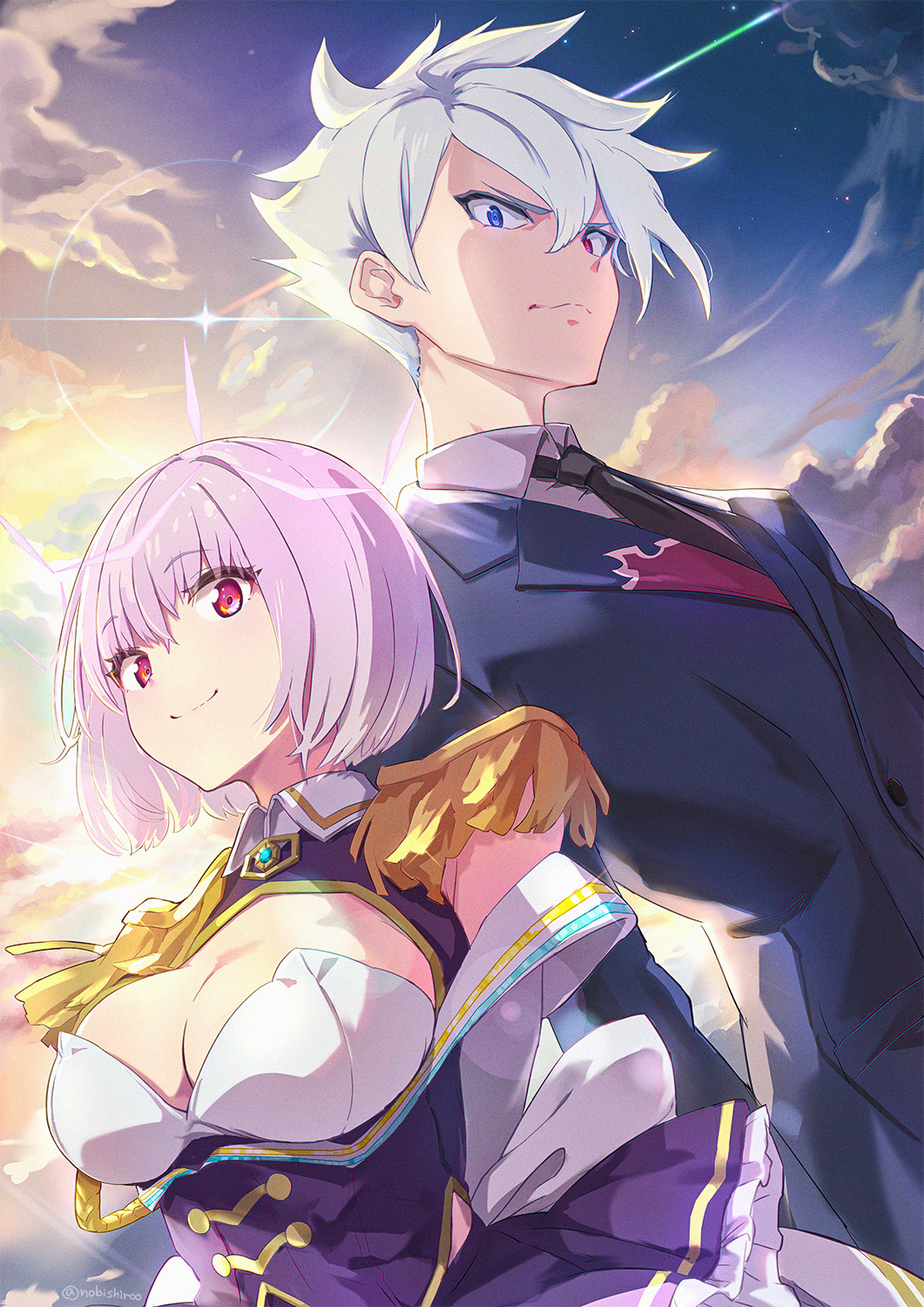 1boy 1girl anti_(ssss.gridman) black_necktie blue_eyes blue_jacket breasts cleavage closed_mouth cloud cloudy_sky collared_shirt commentary_request epaulettes frilled_skirt frills grey_hair gridman_universe hair_between_eyes heterochromia highres jacket looking_at_viewer loup medium_breasts necktie outdoors pink_hair purple_shirt purple_skirt red_eyes shinjou_akane_(new_order) shirt skirt sky smile ssss.dynazenon sunset white_shirt