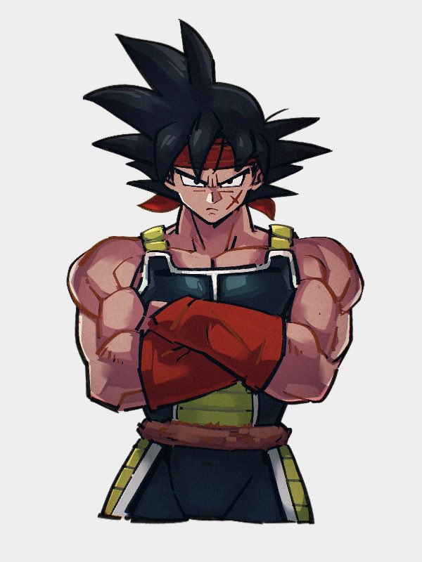 1boy arm_warmers bardock black_hair crossed_arms dragon_ball dragon_ball_z grey_background headband kemachiku looking_at_viewer male_focus muscular muscular_male red_headband saiyan saiyan_armor scar scar_on_face short_hair simple_background