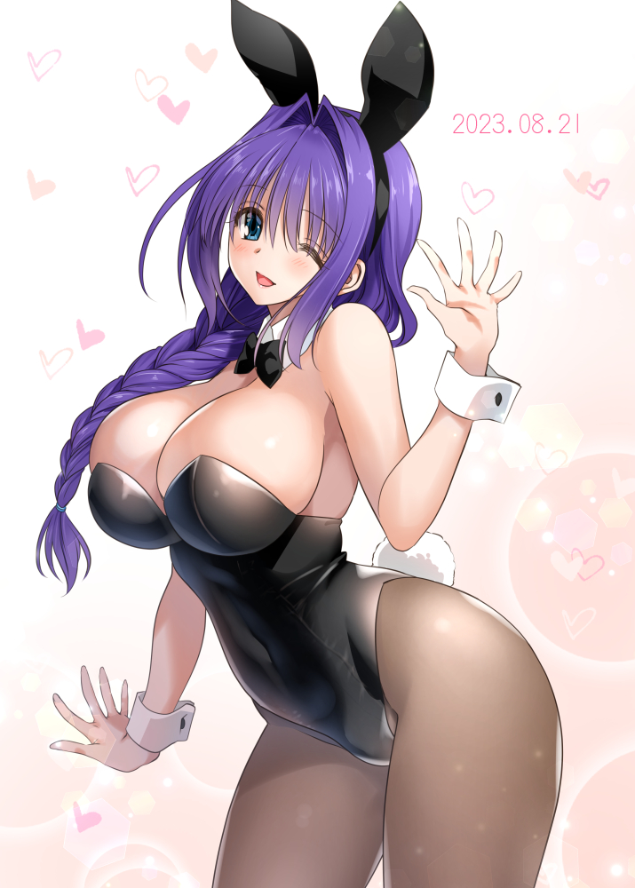 1girl ;d animal_ears bare_shoulders black_bow black_bowtie black_leotard blowing_kiss blue_eyes blush bow bowtie braid braided_ponytail breasts bunny_day cleavage covered_navel dated detached_collar fake_animal_ears hair_intakes hair_over_shoulder heart heart_background kanon large_breasts leotard long_hair looking_at_viewer mature_female minase_akiko mitarashi_kousei one_eye_closed open_mouth pantyhose playboy_bunny purple_eyes purple_hair rabbit_ears rabbit_tail single_braid smile solo spoken_heart strapless strapless_leotard tail waving wrist_cuffs