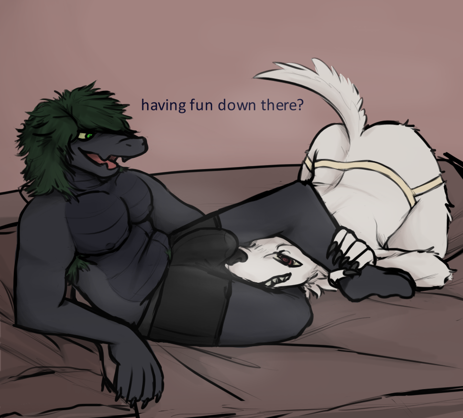 anthro armpit_hair ass_up bed body_hair boxer_briefs boxer_briefs_only bulge canid canine canis claws clothed clothing crotch_sniffing dark_body dark_scales dialogue digital_media_(artwork) domestic_dog duo english_text fur furniture green_eyes green_hair grin hair head_in_crotch jockstrap jockstrap_only leg_grab leg_wrap lying male male/male mammal musk musk_clouds musk_fetish nipples on_bed open_mouth reptile scales scalie shaded smile sniffing tail talking_to_another talking_to_partner teeth text topless underwear underwear_only venerabilitor white_body white_fur
