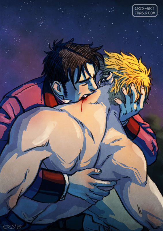 2boys alternate_costume alternate_universe bad_id bad_tumblr_id bara biting black_hair blonde_hair blood_sucking couple cris_art hand_in_another's_hair hand_on_another's_head hulkling long_sideburns male_focus marvel multiple_boys muscular muscular_male neck_biting short_hair sideburns thick_eyebrows topless_male upper_body vampire wiccan yaoi