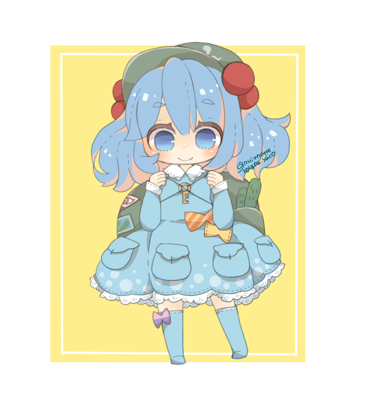 1girl blue_dress blue_eyes blue_hair boots chibi commentary_request cucumber dress full_body hair_bobbles hair_ornament kawashiro_nitori long_hair pocket smile solo standing touhou two_side_up yaco_(nuitnotte)